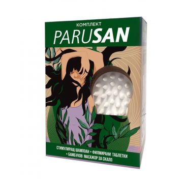 Parusan Стимулиращ шампоан за коса за жени 200 мл + Parusan Kоса, кожа и нокти х 42 таблетки + Масажор Комплект