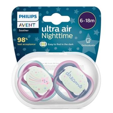 Avent Ultra Air Nighttime Ортодонтична светеща залъгалка с кутийка 6-18М звезда х 2 броя 