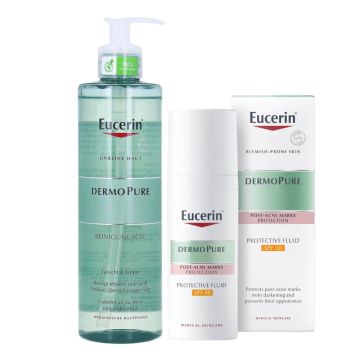 Eucerin DermoPure Защитаващ флуид за мазна кожа, склонна към акне SPF30 50 мл + Eucerin DermoPure Измиващ гел за акнеична кожа 400 мл Комплект