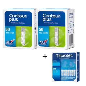 Contour Plus Тест-ленти за кръвна захар 2 х 50 броя + Подарък: ланцети 200 броя Комплект