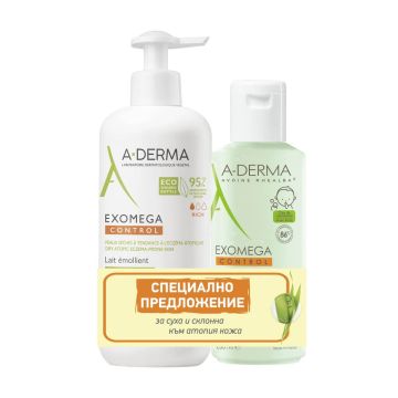 A-Derma Exomega Control Емолиентно мляко за суха и атопична кожа 400 мл + A-Derma Exomega Control Емолиентeн почистващ гел 2в1 за кърмачета и деца 200 мл Комплект