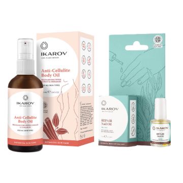 Ikarov Антицелулитно масло за тяло с екстракт от бразилски розов пипер и канела 100 мл + Ikarov Възстановяващо масло за нокти с чаено дърво за напукани и обезцветени нокти 10 мл Комплект