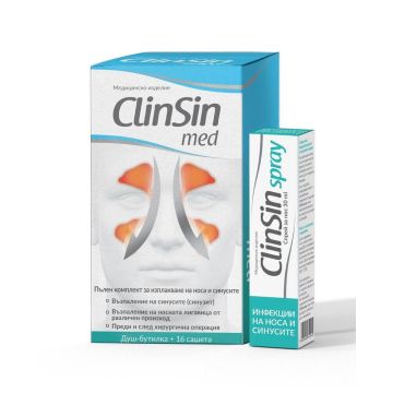 NaturProdukt ClinSin med Комплект за изплакване на носа и синусите Душ-бутилка и 16 сашета + NaturProdukt ClinSin Спрей за нос 30 мл
