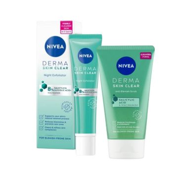 Nivea Derma Skin Clear Нощен ексфолиант за лице 40 мл + Nivea Derma Skin Clear Скраб за лице 150 мл Комплект