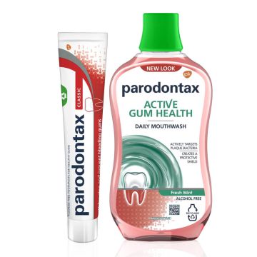 Parodontax Classic Паста за зъби против кървене на венци без флуорид 75 мл + Parodontax Вода за уста за ежедневна употреба 500 мл Комплект