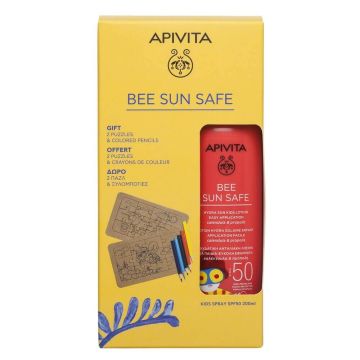 Apivita Bee Sun Safe Слънцезащитен хидратиращ спрей за бебета и деца SPF50 200 мл + Подарък: Крафт пъзел + цветни моливчета Комплект