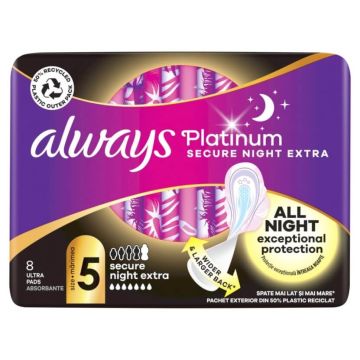 Always Platinum Secure Night Extra Нощни дамски превръзки размер 5 х 8 бр