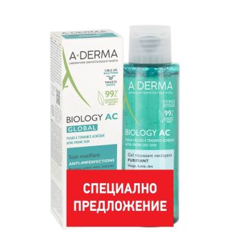 A-Derma Biology-AC Global Матираща грижа срещу несъвършенства 40 мл + A-Derma Biology-AС Почистващ пенещ се гел 100 мл Промо комплект