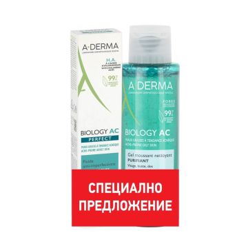 A-Derma Phys-AC Perfect Флуид срещу несъвършенства 40 мл + A-Derma Biology-AС Почистващ пенещ се гел 100 мл Промо комплект