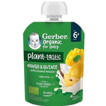 Gerber® Organic Пауч Плодова закуска с манго, дюля и кокосов мус 6м+ 80 гр