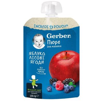 Gerber® Organic Пауч Плодова закуска с ябълки и горски плодове 6м+ 150 гр