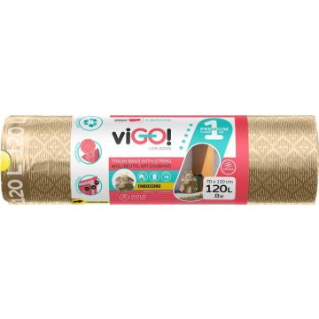 viGО! Торби за отпадъци с връзки Premium златисти №1 120 L х 8 броя 