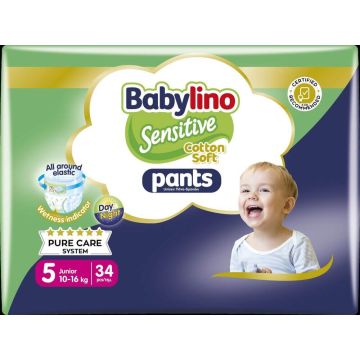 Babylino Sensitive Cotton Soft Пелени - гащички за бебета Размер 5 Junior 10-16 кг 34 броя