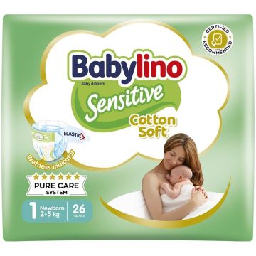 Babylino Sensitive Cotton Soft Пелени за бебета Размер 1 Newborn 2-5 кг 26 броя	