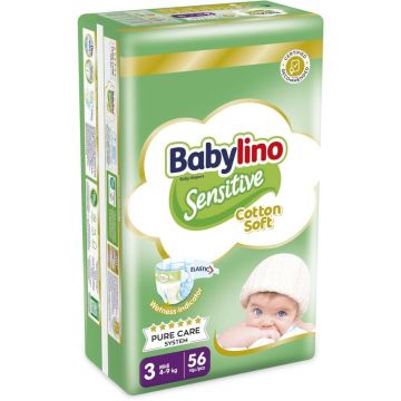 Babylino Sensitive Cotton Soft Пелени за бебета Размер 3 Midi 4-9 кг 56 броя		