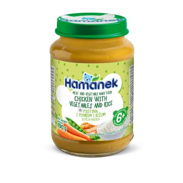 Hamanek Пюре пиле, зеленчуци и ориз 6М+ 190 г
