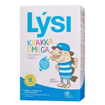 LYSI Krakka Omega Омега-3 за Деца (рибено масло от исландска риба треска) + витамин D3  x 60 дъвчащи софтгел капсули с плодов вкус