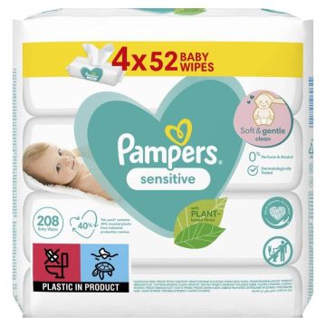 Pampers Sensitive Fragrance Free Бебешки мокри кърпички 4 x 52 бр