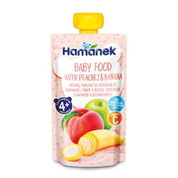 Hamanek Пауч с ябълка, праскова и банан 4М+ 120 г