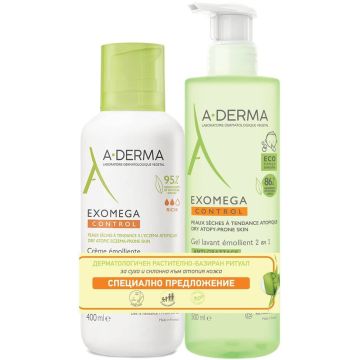 A-Derma Exomega Control Емолиентен крем за суха и атопична кожа 400 мл + A-Derma Exomega Control Емолиентeн почистващ гел 2в1 за кърмачета и деца 500 мл Комплект