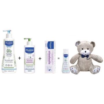 Mustela Нежен Измиващ гел за коса и тяло 500 мл + Mustela Линимент 400 мл + Mustela Витаминен защитен крем против подсичане 1-2-3 150 мл + Подаръци Комплект