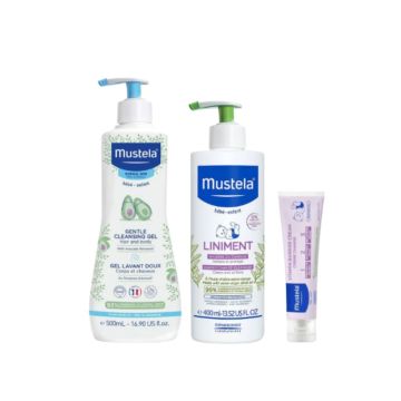 Mustela Нежен Измиващ гел за коса и тяло 500 мл + Mustela Линимент 400 мл + Mustela Витаминен защитен крем против подсичане 1-2-3 150 мл Комплект