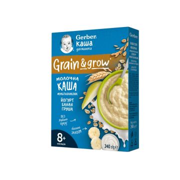 Gerber Овесено-пшенична млечна каша Йогурт с банан и круша 8+М 240 гр