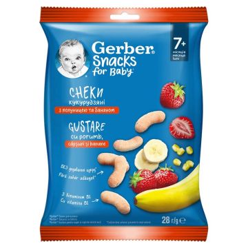 Gerber Царевичен снакс с ягоди и банан за бебета 7М+ 28 гр