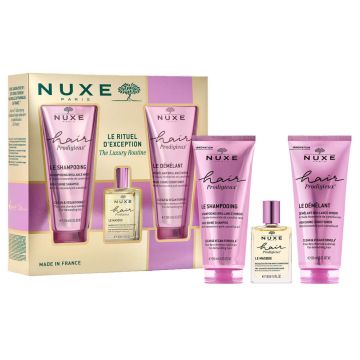 Nuxe Hair Prodigieux Шампоан за блясък 200 мл + Nuxe Hair Prodigieux Балсам за блясък 200 мл + Nuxe Hair Prodigieux Подхранваща маска преди измиване 30 мл Комплект