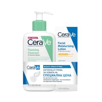 CeraVe Почистващa гел-пяна за лице и тяло за нормалнa до смесена кожа 236 мл + CeraVe Хидратиращ крем за лице за нормална до суха кожа SPF50 52 мл Комплект