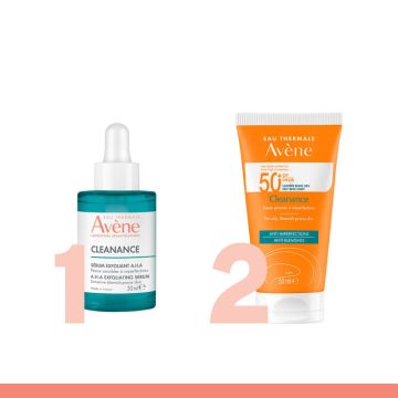 Avene Cleanance A.H.A Ексфолиращ серум за лице 30 мл + Avene Cleanance Слънцезащитен матиращ крем за лице за кожа, склонна към акне SPF50+ 50 мл Комплект