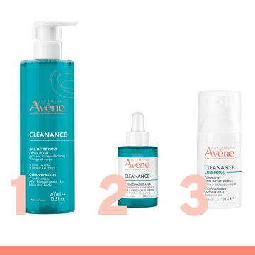 Avene Cleanance Почистващ гел 400 мл + Avene Cleanance A.H.A Ексфолиращ серум 30 мл + Avene Cleanance Comedomed Концентрат 30 мл Комплект