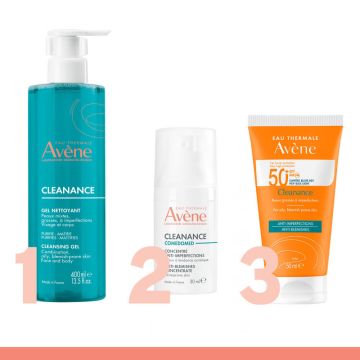 Avene Cleanance Почистващ гел 400 мл + Avene Cleanance Comedomed Концентрат 30 мл Avene Cleanance Слънцезащитен матиращ крем SPF50+ 50 мл Комплект