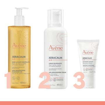 Avene XeraCalm A.D Релипидиращото измиващо олио 400 мл + Avene XeraCalm A.D Релипидиращ крем 400 мл + Avene XeraCalm A.D Успокояващ концентрат 50 мл Комплект