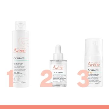 Avène Cicalfate + Почистващ измивен гел 200 мл + Avene Cicalfate+ Възстановяващ защитен серум 30 мл + Avene Cicalfate + Avene Cicalfate+ Многофункционален защитен крем SPF50+ 30 мл Комплеккт