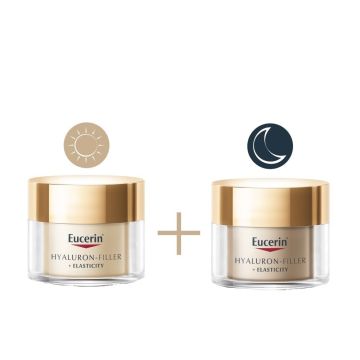 Eucerin Hyaluron-Filler + Elasticity Дневен крем за всеки тип кожа SPF15 50 мл + Eucerin Hyaluron-Filler + Elasticity Нощен крем за всеки тип кожа 50 мл + Несесер Комплект