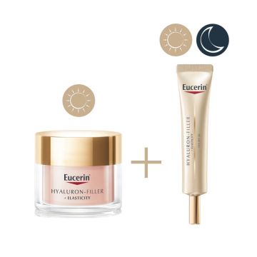 Eucerin Hyaluron-Filler + Elasticity Rose Озаряващ дневен крем SPF30 50 мл + Eucerin Hyaluron-Filler + Elasticity Околоочен крем SPF20 15 мл + Несесер Комплект