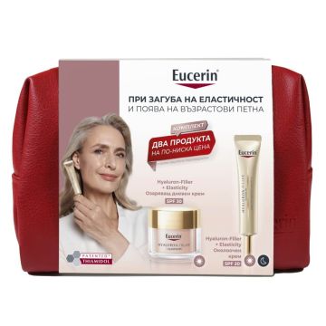 Eucerin Hyaluron-Filler + Elasticity Rose Озаряващ дневен крем SPF30 50 мл + Eucerin Hyaluron-Filler + Elasticity Околоочен крем SPF20 15 мл + Несесер Комплект