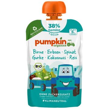 Био пюре пауч круша, грах, спанак, краставица и кокос Pumpkin Organics 6М+ 100 гр