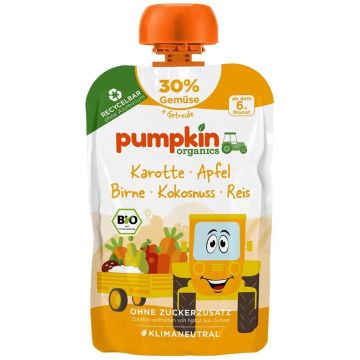 Био пюре пауч морков, ябълка, круша, кокос и ориз Pumpkin Organics  6М+ 100 гр