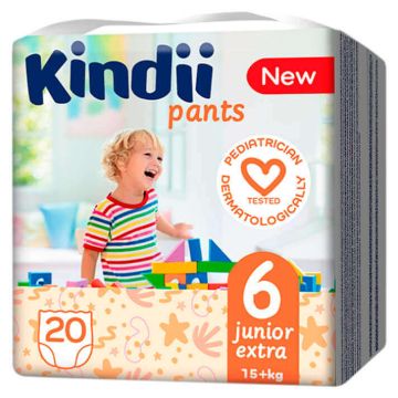 Kindii 6 Junior Extra Бебешки пелени тип гащички за деца 15+ кг x 20 бр