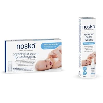 Nosko Физиологичен разтвор за назална хигиена 5 мл х 20 дози + Nosko Спрей за назална хигиена 100 мл Комплект