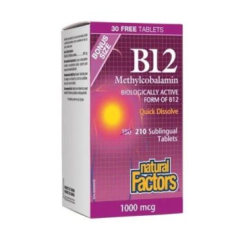 Natural Factors B12 Метилкобаламин за нормално състояние на нервната система 1000 мкг х180 разтворими таблетки + 30 бонус