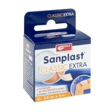 Medica Sanplast Classic Extra Прикрепващ пластир за чувствителна кожа 2.5 см/5 м