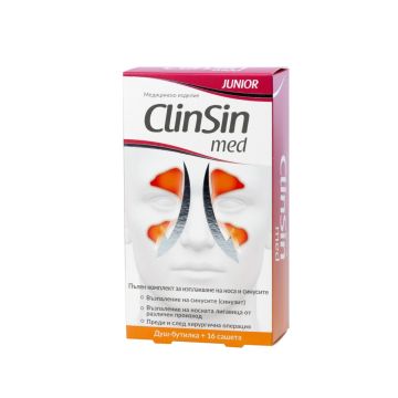 NaturProdukt ClinSin med Junior Комплект за изплакване на носа и синусите Душ-бутилка и 16 сашета
