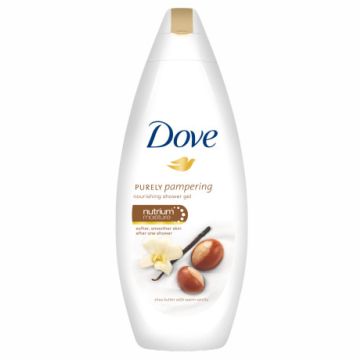 Dove Purely Pampering Подхранващ душ-гел за тяло с масло от ший и ванилия 250 мл