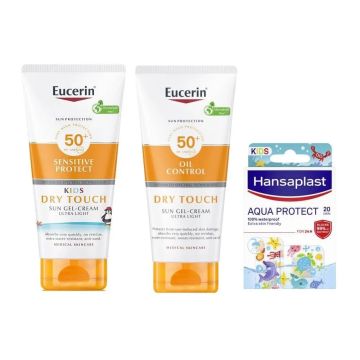 Eucerin Sun Sensitive Protect Слънцезащитен гел-крем за деца SPF50+ 200 мл + Eucerin Sun Oil Control Слънцезащитен гел-крем за тяло SPF50+ 200 мл + Hansaplast Aquaprotect Пластири за деца х 20 броя