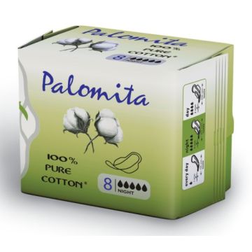Palomita Pure Cotton Нощни дамски превръзки с крилца от естествен памук 8 бр