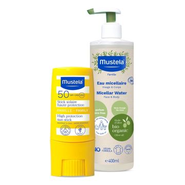 Mustela Слънцезащитен стик с висока степен на защита SPF50 9 мл + Mustela Bio Мицеларна вода 400 мл Комплект