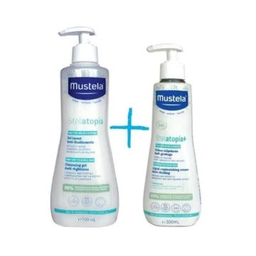 Mustela Stelatopia Душ-гел за атопична кожа 500 мл + Stelatopia+ Липидовъзстановяващ крем за много суха до атопична кожа 300 мл Комплект